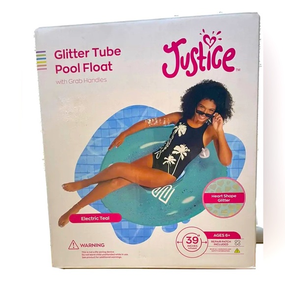 JUSTICE Glitter tube pool float with Grab Handles 39” inches inflated Ages 6+ - Picture 2 of 10